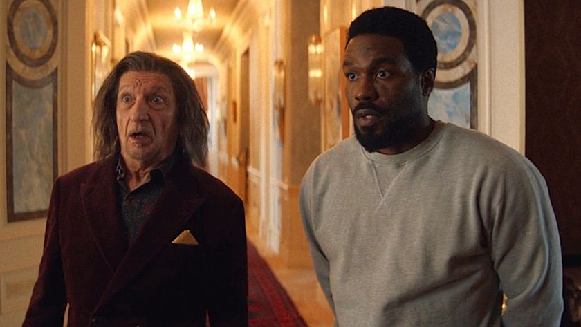 Yahya Abdul-Mateen II and Ben Kingsley look shocked on an episode of Wonder Man.