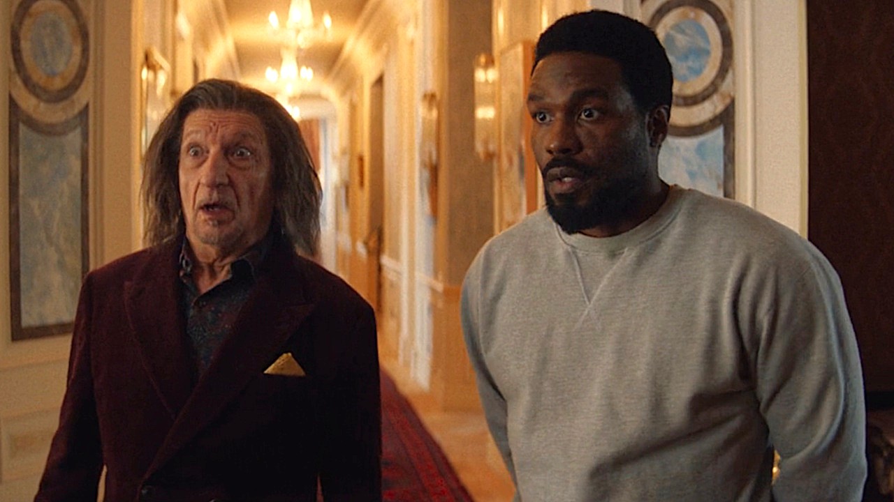 Yahya Abdul-Mateen II and Ben Kingsley look shocked on an episode of Wonder Man.