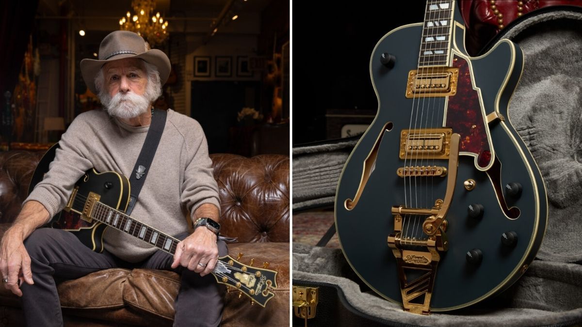 Bob Weir (left) poses with his new D&#039;Angelico signature guitar (pictured in its case on the right)