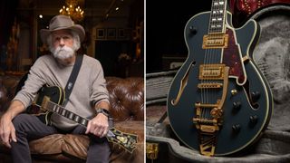 Bob Weir (left) poses with his new D&#039;Angelico signature guitar (pictured in its case on the right)