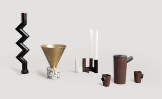 From left to right: Zigzag candelabra by Blakebrough + King, Void incense burner by Page Thirty Three, Interlock candle holders by Page Thirty Three, and sake carafe and cups by Ode Ceramics