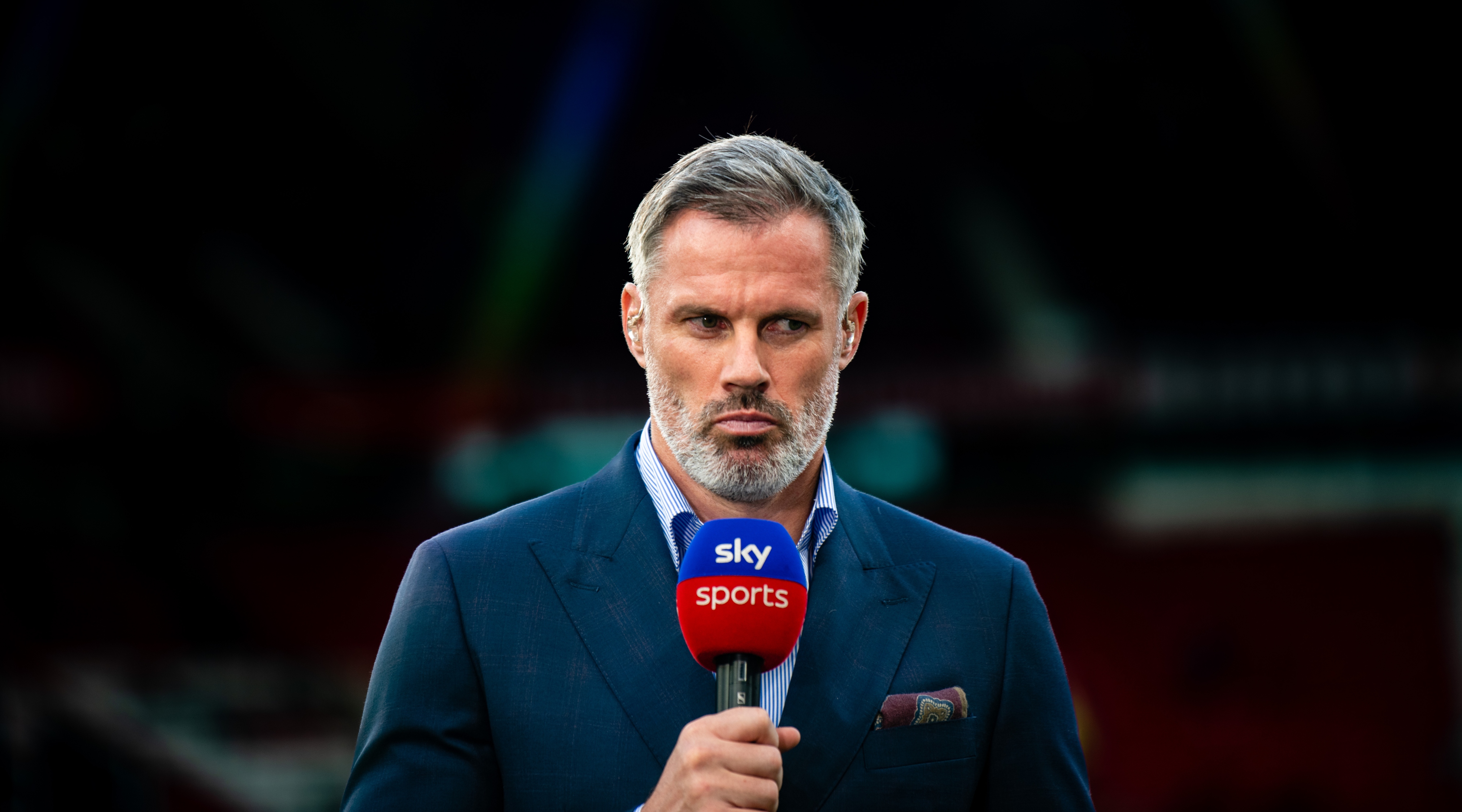 Jamie Carragher broadcasting ahead of the Premier League match between Manchester United and Liverpool FC at Old Trafford on August 22, 2022 in Manchester, England.