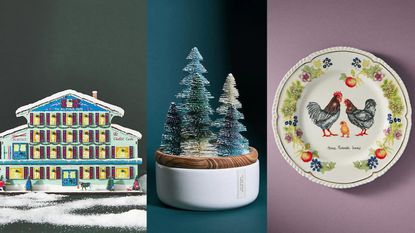 A few of the best pieces in the Anthropologie Holiday Collection sales: an advent calendar; a candle; and a Christmas plate.
