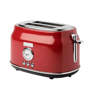 A dark red toaster with two slice slots, a temperature dial and silver buttons in the middle, and a silver handle on the side