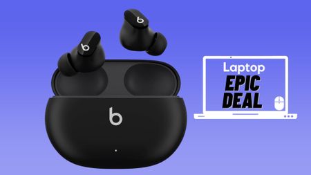 Black Beats Studio Buds with charging case against blue gradient background