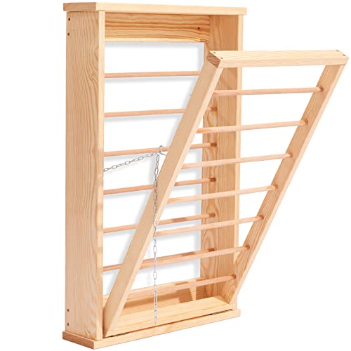 Novecrafto Natural Wood Wall Mounted Drying Rack Clothes With Double Side Rails - Foldable Wall Mounted Clothes Airer 31.4" (80cm) H X 19.3" (50cm) W - Wooden Folding Laundry Airer for Indoor Use