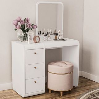 Cute, compact vanity in white with built-in drawers