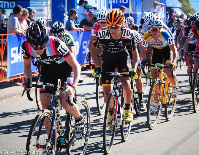 Gabby Durrin (Rapha Focus) leading the Elite Women on the starting pavement