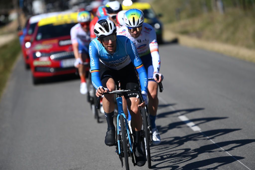 SISTERONFRANCE MARCH 07 Dries De Bondt of Belgium and Decathlon AG2R La Mondiale Team competes in the breakaway during the 82nd Paris Nice 2024 Stage 5 a 1935km stage from SaintSauveurdeMontagut to Sisteron UCIWT on March 07 2024 in Sisteron France Photo by Alex BroadwayGetty Images