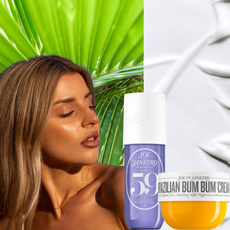 blonde woman with glowy skin with bottles of sol de janeiro perfume and lotion on split background of palm trees and texture shot of body lotion