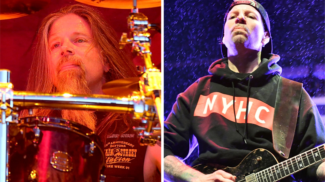Chris Adler performing onstage in 2015 and Willie Adler performing onstage in 2018