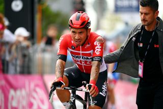 Caleb Ewan (Lotto Soudal) struggles to the finish after crashing in the final 50 metres of stage 1 of the Giro d'Italia in Visegard, Hungary