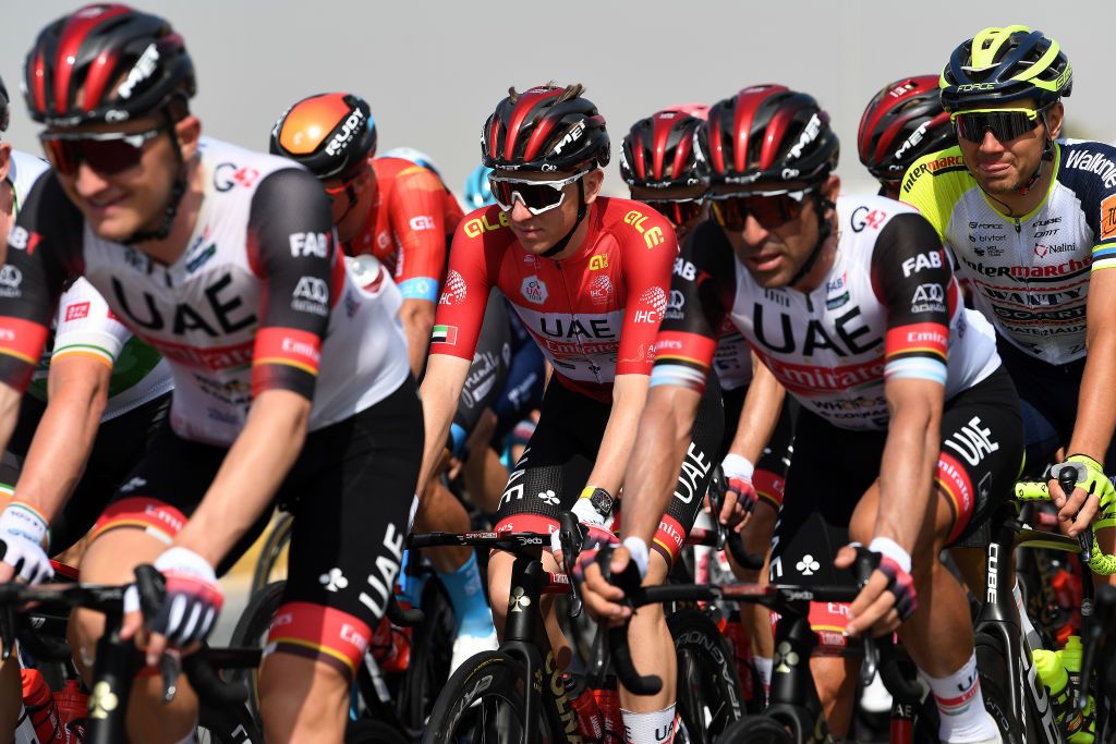 AL MARJAN UNITED ARAB EMIRATES FEBRUARY 24 LR Tadej Pogacar of Slovenia and UAE Team Emirates red leader jersey and Rein Taaramae of Estonia and Team Intermarch Wanty Gobert Matriaux compete during the 4th UAE Tour 2022 Stage 5 a 182km stage from Ras al Khaimah Corniche to Al Marjan Island UAETour WorldTour on February 24 2022 in Al Marjan United Arab Emirates Photo by Tim de WaeleGetty Images