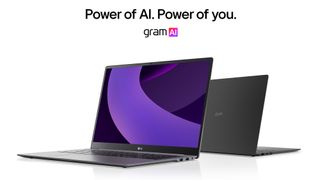 LG Gram laptops facing forwards and backwards on a white background with text above stating "Power of AI. Power of you. Gram AI"