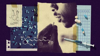 Photo collage of different types of pills and injections. A man is taking a pill in the foreground. To the side, there is a medical illustration of spermatozoa, and the chemical formula for vitamin A.