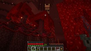 Minecraft Nether - A hoglin on a tree viewed from below