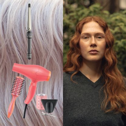 a woman with wavy red hair in a green sweater next to a close up of silver hair with a pink blow dryer and a curling iron on top