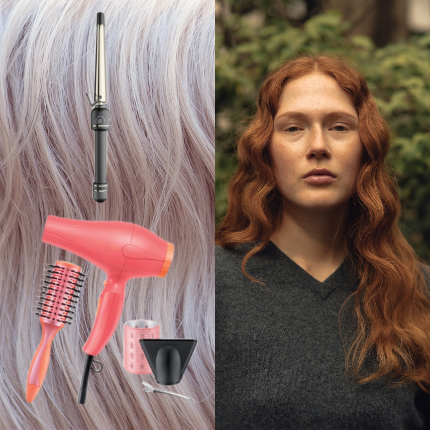 a woman with wavy red hair in a green sweater next to a close up of silver hair with a pink blow dryer and a curling iron on top
