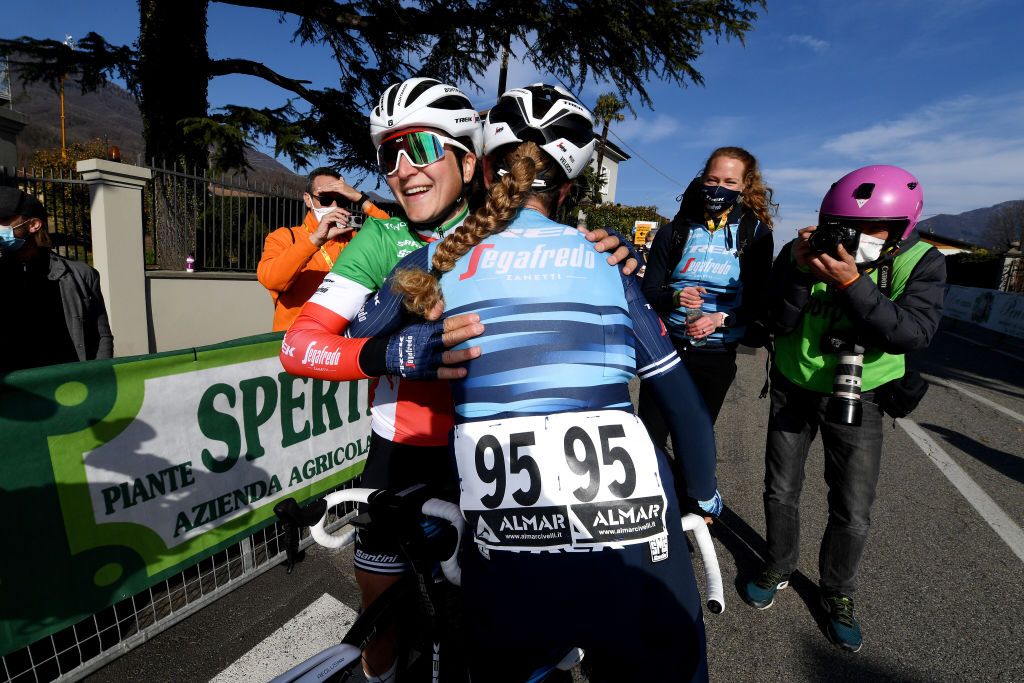 CITTIGLIO ITALY MARCH 21 Arrival Elisa Longo Borghini of Italy and Team Trek Segafredo Tayler Wiles of The United States and Team Trek Segafredo Celebration during the 45th Trofeo Alfredo BindaComune di Cittiglio 2021 Womens Elite a 1418km stage from Cocquio Trevisago to Cittiglio 257m TrBinda UCIWWT on March 21 2021 in Cittiglio Italy Photo by Tim de WaeleGetty Images