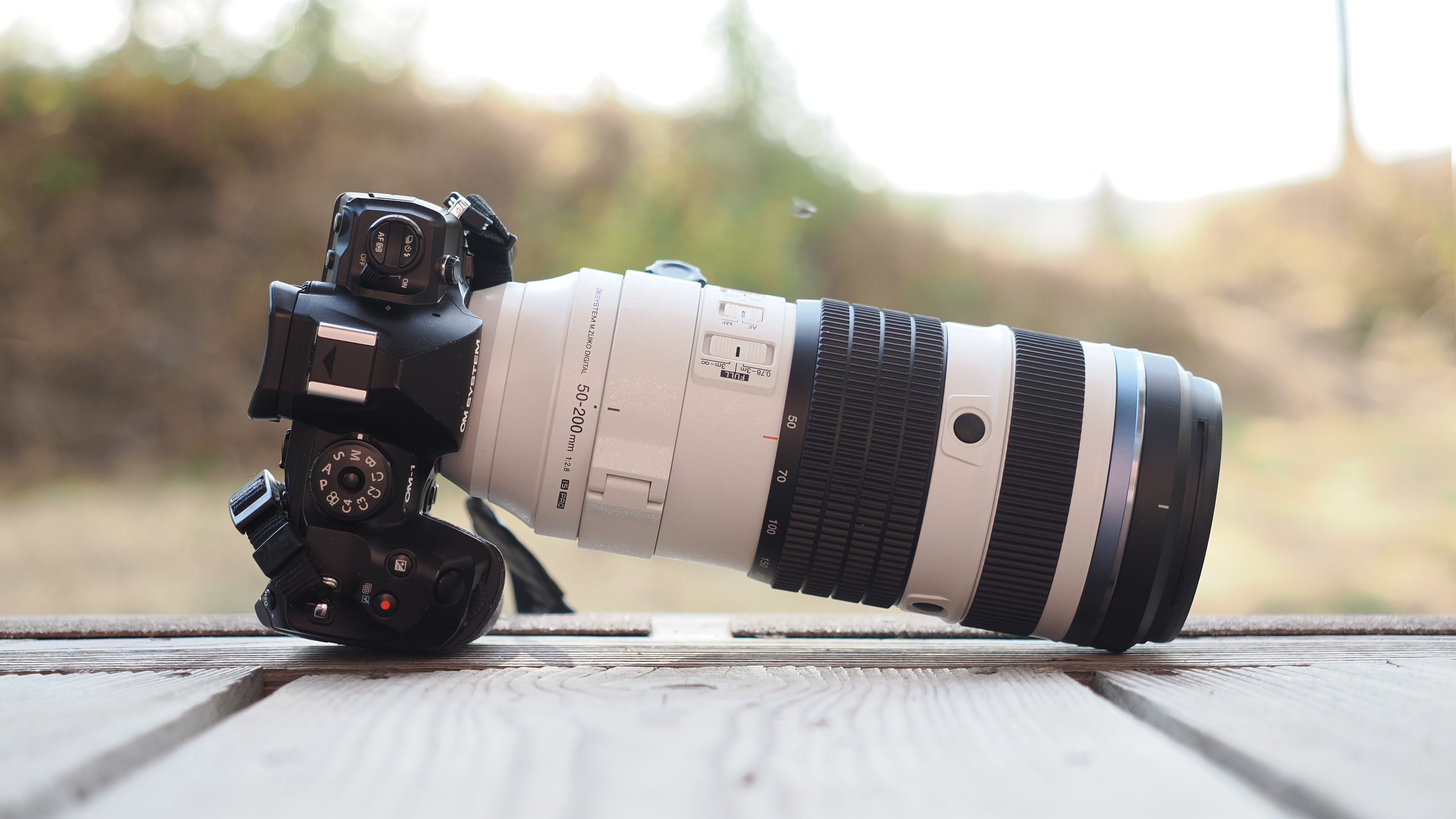 The OM System M.Zuiko 50-200mm f/2.8 IS Pro lens, mounted to the OM System OM-1 Mark II, in an outdoor setting