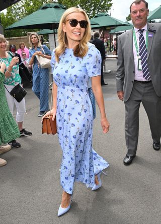 Katherine Jenkins wears a powder blue dress at Wimbledon 2022