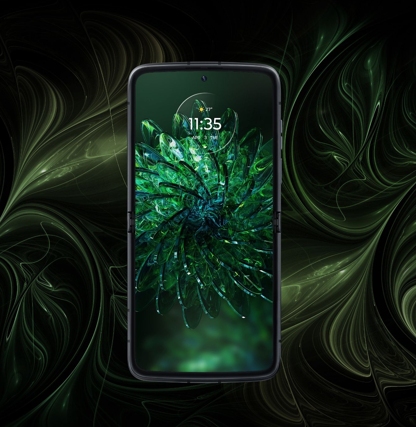 The Motorola Razr 2022 fully open with a green wallpaper on a muted green background