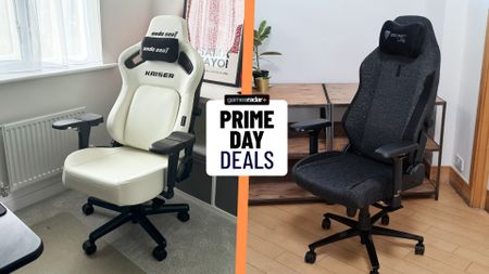 Two review images of the AndaSeat Kaiser 4 and the Secretlab Titan Evo separated by an orange line and a Prime Day Deals stamp