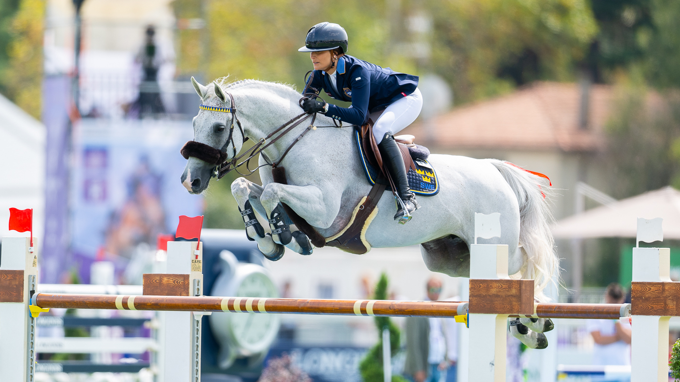 Wilma Hellstr&amp;ouml;m and Cicci BJN jumping at the FEI Jumping European Championship Milano 2023
