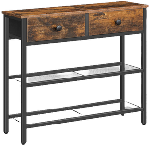 a wood and black slim console table