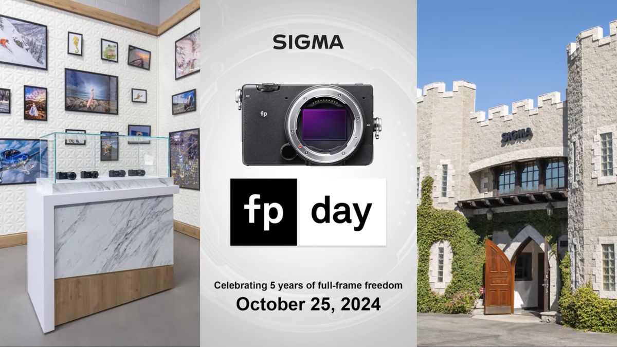 A Sigma fp camera with the &quot;fp Day&quot; logo, flanked by images of the Sigma Burbank Studio 