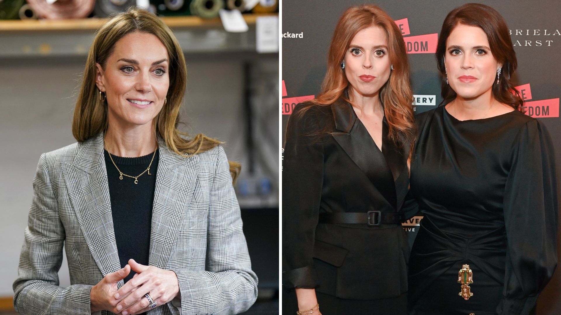 A composite of a picture of the Princess of Wales and a picture of Princess Eugenie and Beatrice together