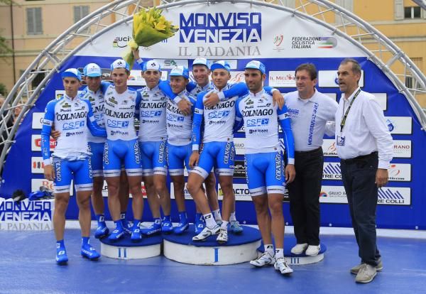 Colnago-CSF Inox celebrate atop the podium.
