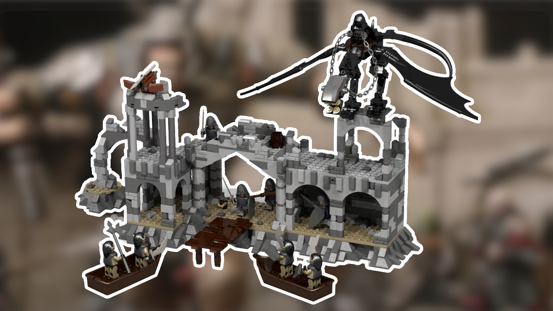 A Lego Osgiliath set outlined in white, against a blurred image of ruins, orcs, and trolls