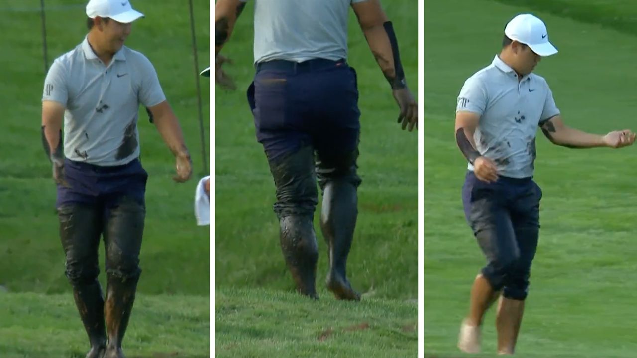 Screenshots of Tom Kim after falling into the creek