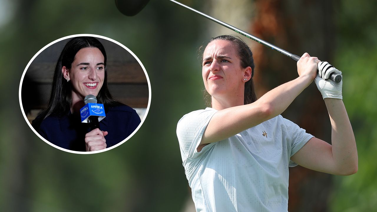 Caitlin Clark hitting a golf shot and an inset of her speaking at The Annika Women&#039;s Summit