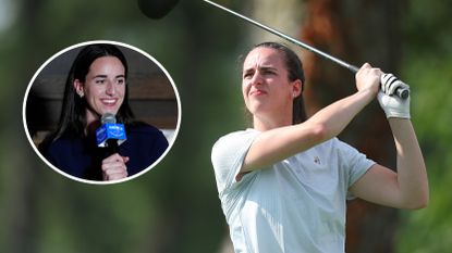 Caitlin Clark hitting a golf shot and an inset of her speaking at The Annika Women&#039;s Summit