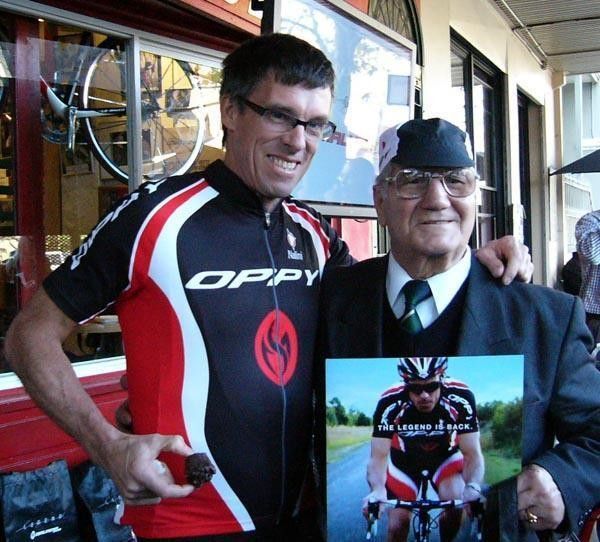 The Legend is Back - Australian cycling legend Phil Anderson (left) poses with Luigi Coluzzi at the launch of the new Malvern Star 'Oppy' range in Sydney. Coluzzi &ndash; a former boxer &ndash; migrated to Australia from Italy in 1950s and opened what was one of the city's first espresso bars, which subsequently became a popula haunt for the cycling community.