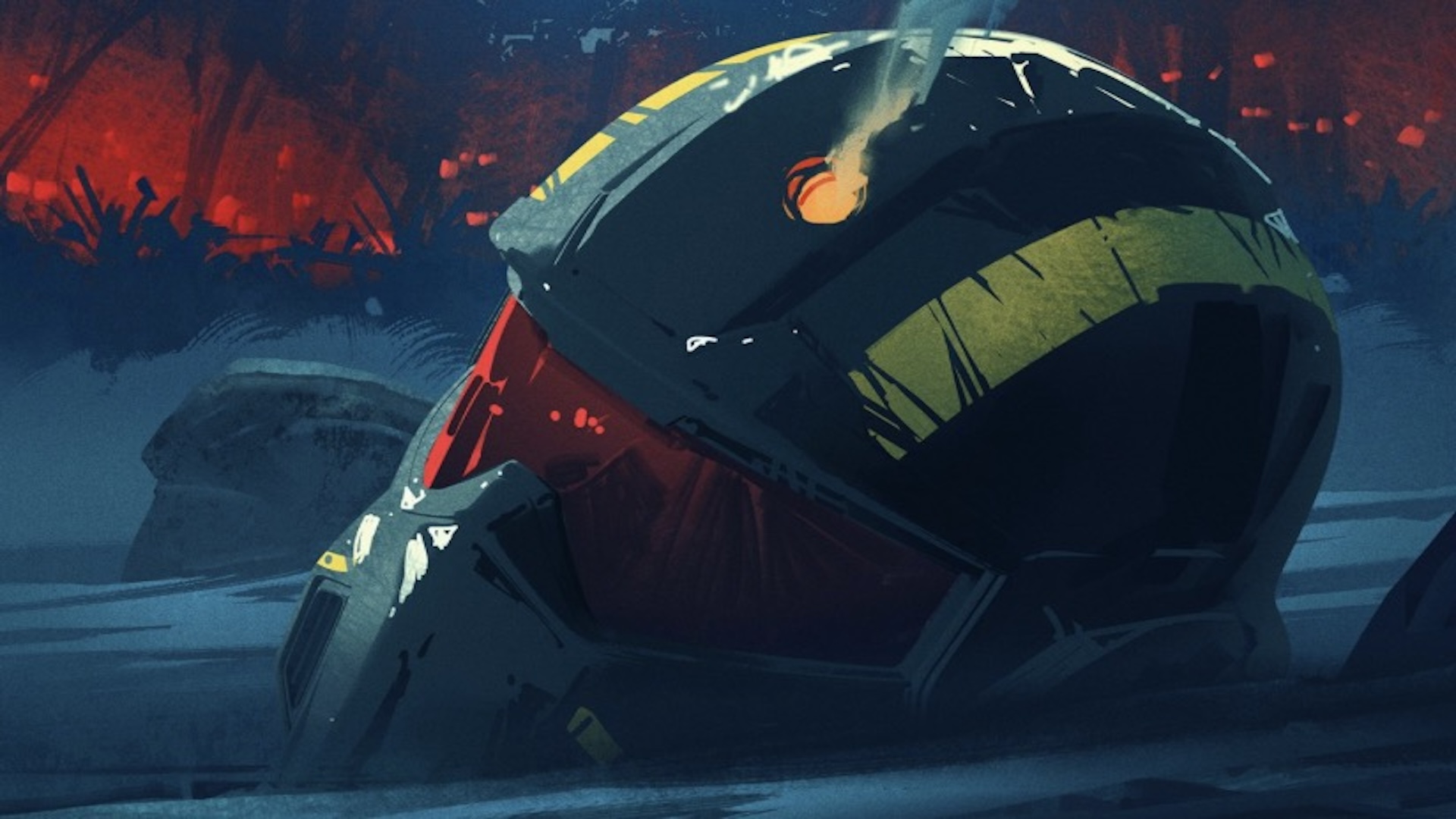 A Helldivers helmet lies on the ground with a red-glowing bullet hole at its center