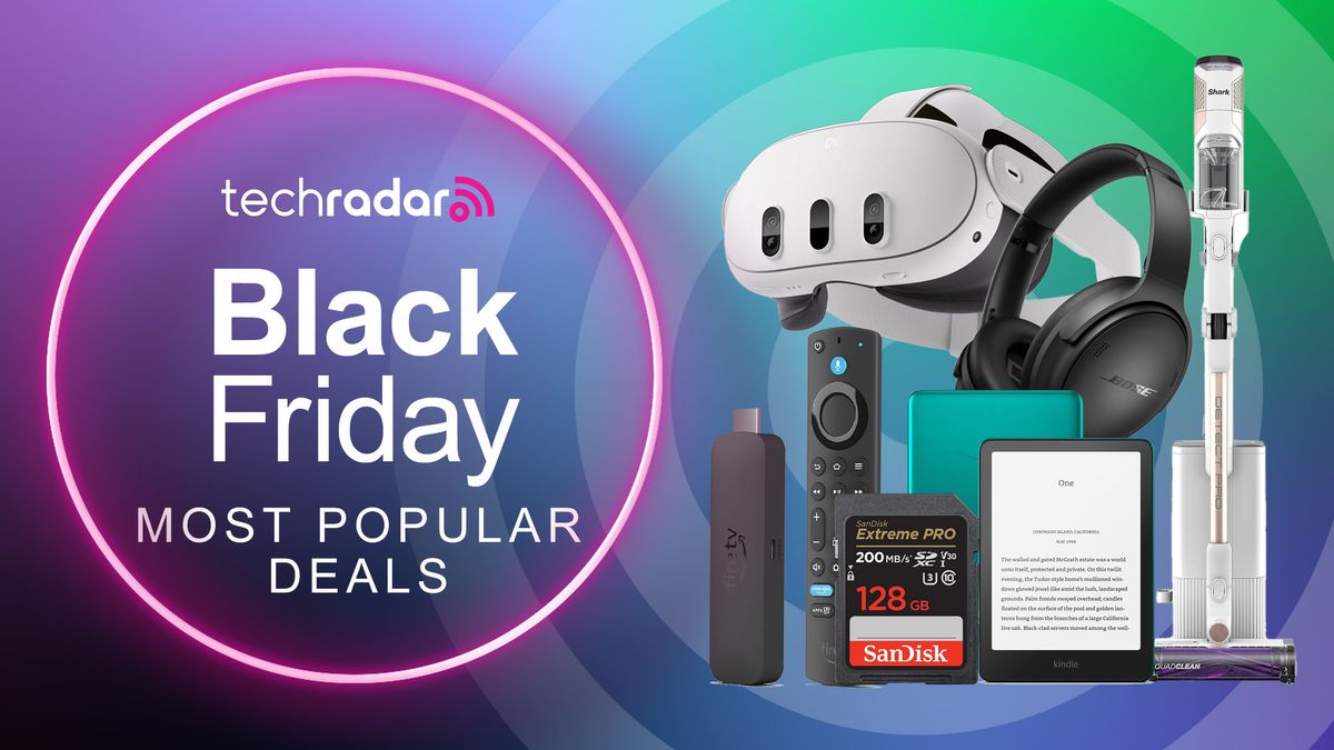 Assortment of tech on a green, purple and blue gradient background with &quot;Black Friday Most Popular Deals&quot; text in white. 