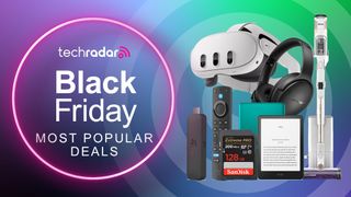 Assortment of tech on a green, purple and blue gradient background with "Black Friday Most Popular Deals" text in white. 