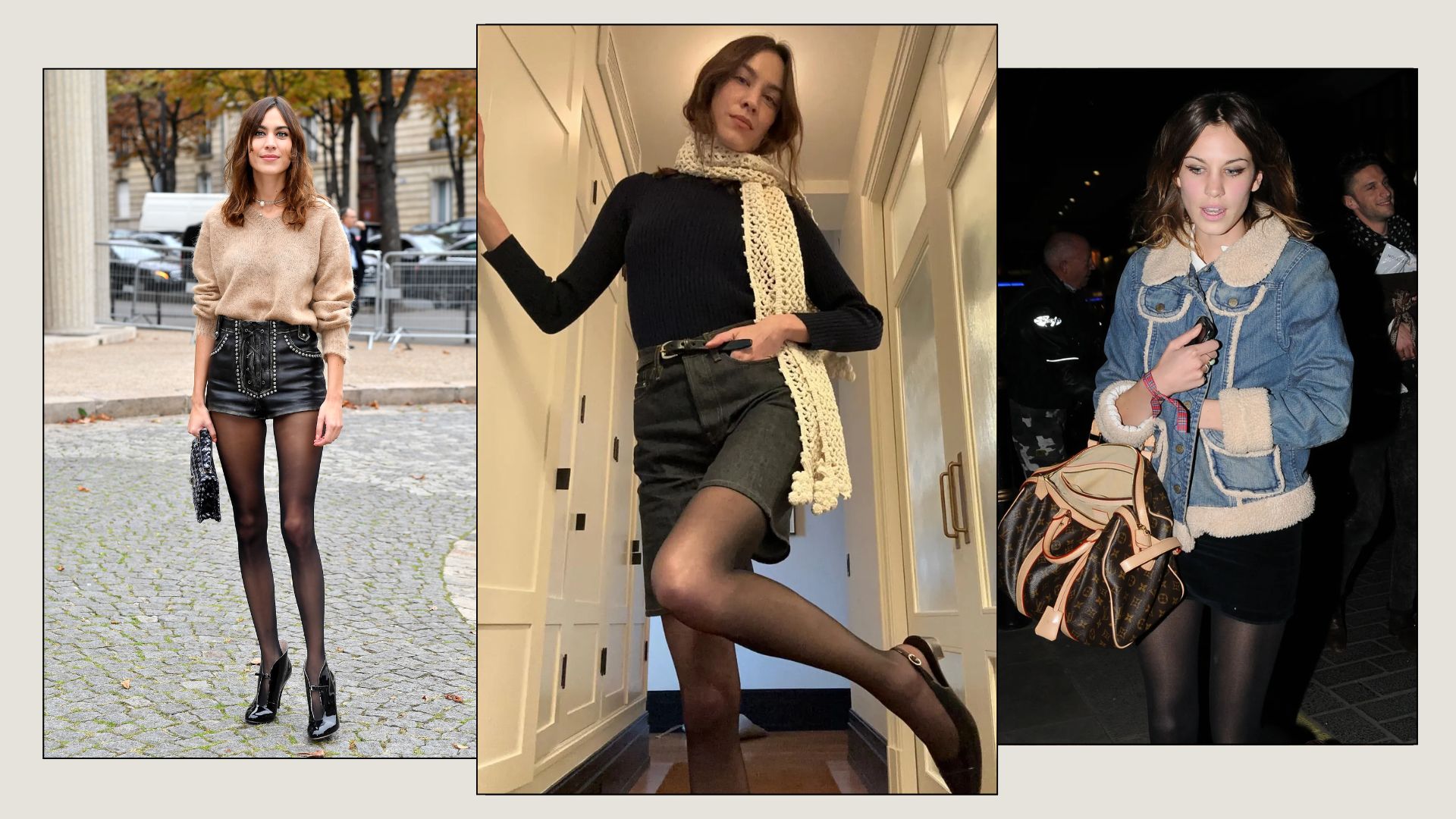 An image of Alexa Chung wearing shorts with tights over the year. 