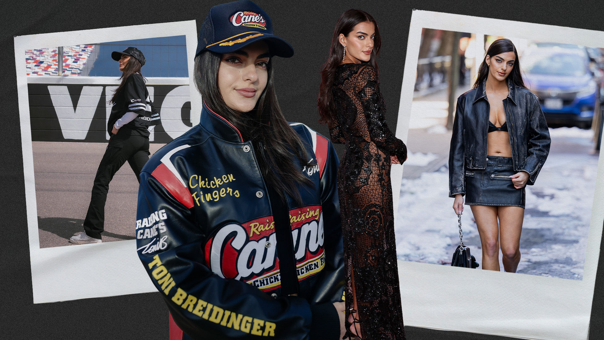 A collage of Toni Breidinger at the race track, Victoria's Secret Fashion Show, and New York Fashion Week at the Coach show.