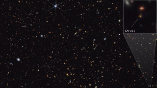 Una sección muy estrellada y galáctica del espacio profundo.  Un cuadro en la parte superior derecha muestra una vista ampliada de una de las galaxias.