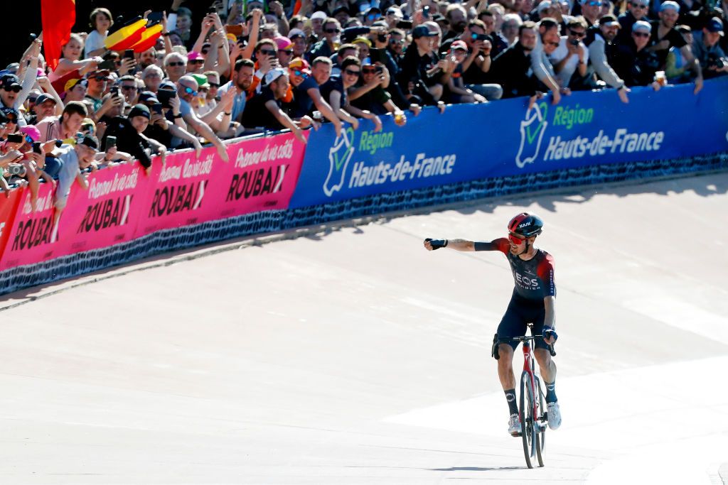 ROUBAIX FRANCE APRIL 17 Dylan Van Baarle of Netherlands and Team INEOS Grenadiers celebrates winning in the Roubaix Velodrome Vlodrome Andr Ptrieux during the 119th ParisRoubaix 2022 Mens Elite a 2572km one day race from Compigne to Roubaix ParisRoubaix WorldTour on April 17 2022 in Roubaix France Photo by Bas CzerwinskiGetty Images