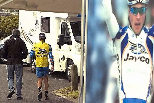 Tour leader Chris Sutton (Garmin/Slipstream) makes his way towards the van for drug tests after the stage.