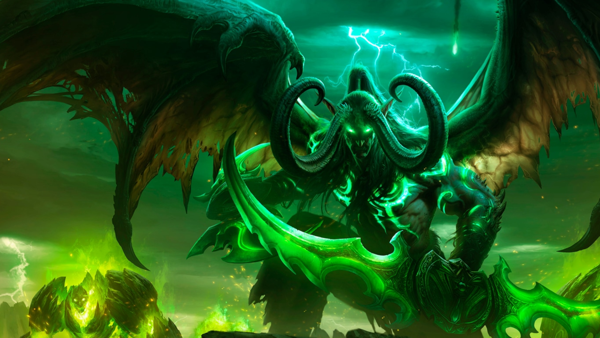 Illidan from World of Warcraft stands ready for battle, warglaives in hand, as infernal golems stomp in the background.