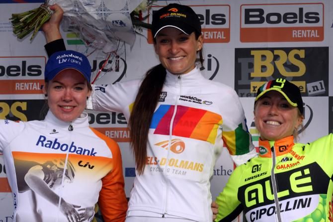 The Ronde van Drenthe World Cup podium: Anna van der Breggen, Lizzy Armitstead and Shelley Olds