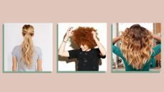 three images showing women wearing three different hair color trends on a beige background