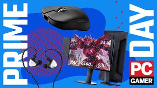 IEM, mouse, and gaming monitor for competitive gaming on a Prime Day PC Gamer background.