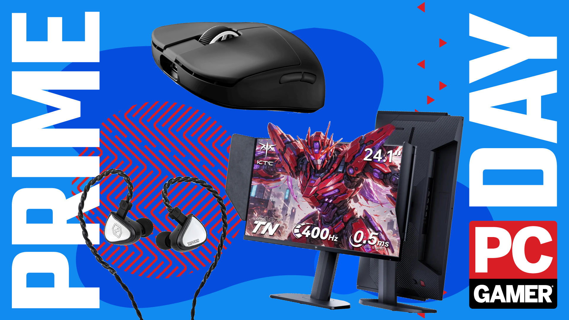 IEM, mouse, and gaming monitor for competitive gaming on a Prime Day PC Gamer background.